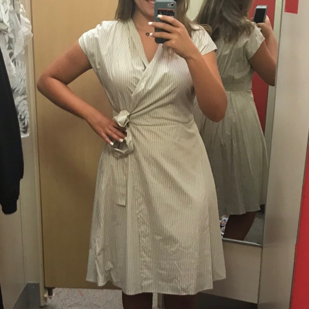 Merona | Tan/White Striped Tie Dress | L